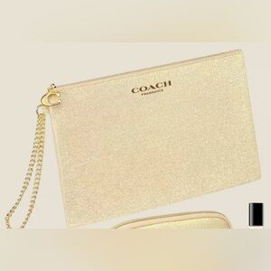 COACH Fragrance Gold Shimmer Logo Evening Pouch Bag with gold chain NEW